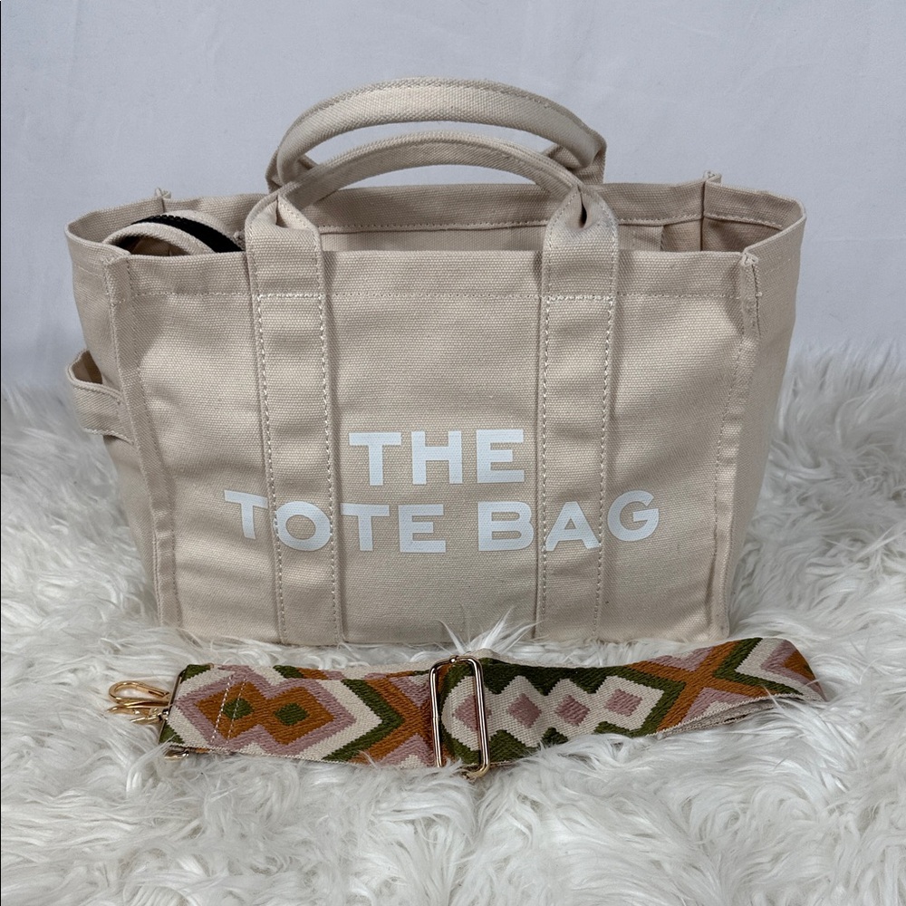 Amazon Beige Canvas Tote Bag with Patterned Strap
